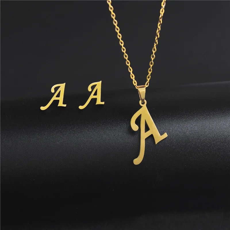 26 Letter Initial Pendant Necklace and Earrings Set Gold Plated Stainless Steel Trendy Wholesale Gift Idea