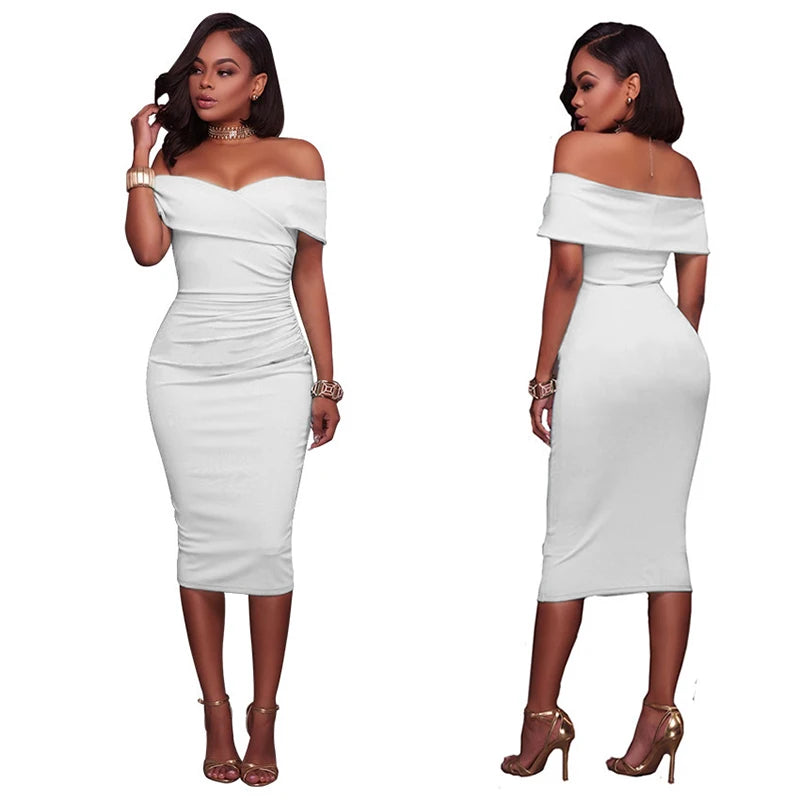 Wholesale Summer Solid Color Vintage Dresses Bodycon for Women Tribal Print Off Shoulder Sheath African Midi Dress Patter