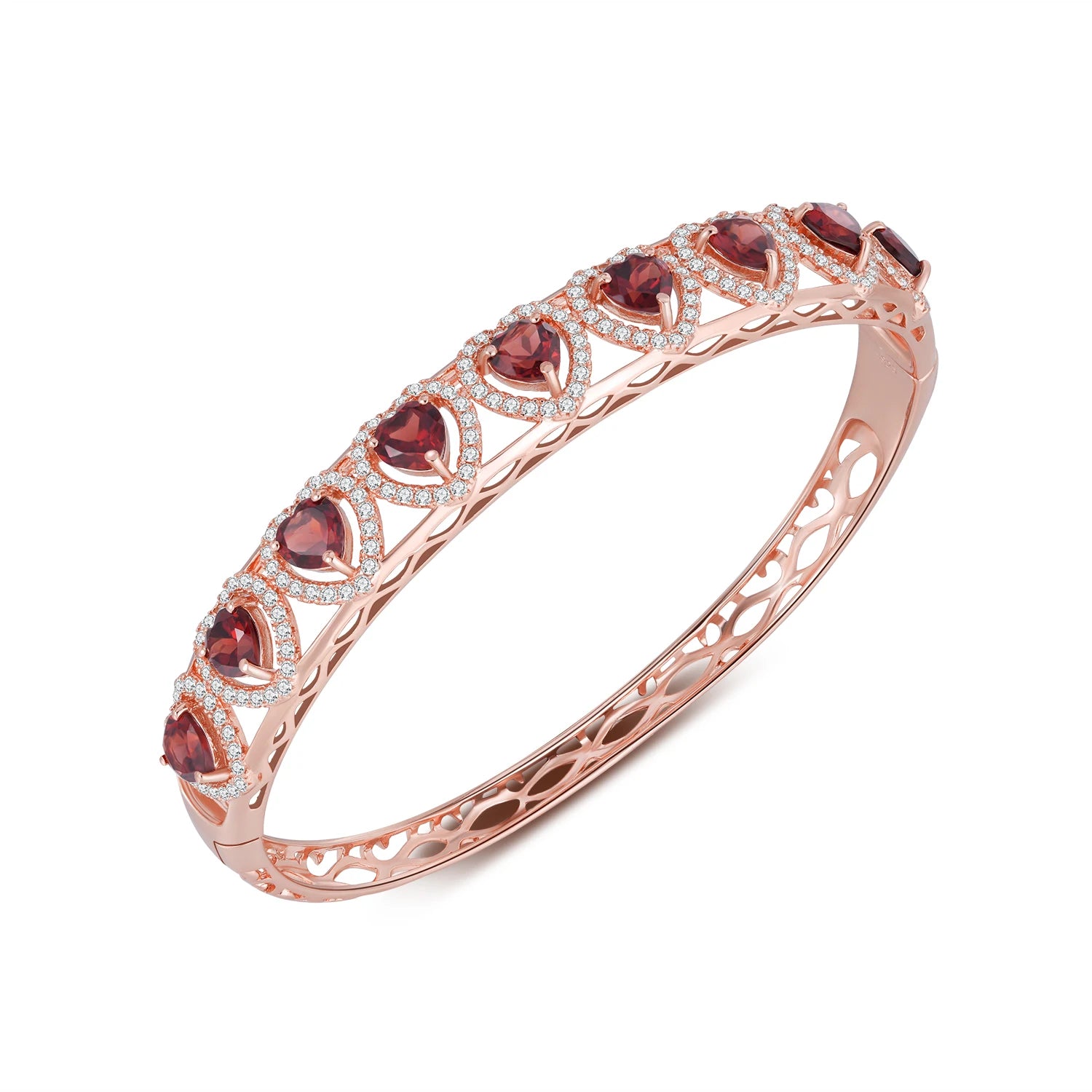 YBO Luxury Designer Brand Jewelry Women Hollow Out Heart Bangle 18k Rose Gold Plated 925 Sterling Silver Natural Garnet Bracelet