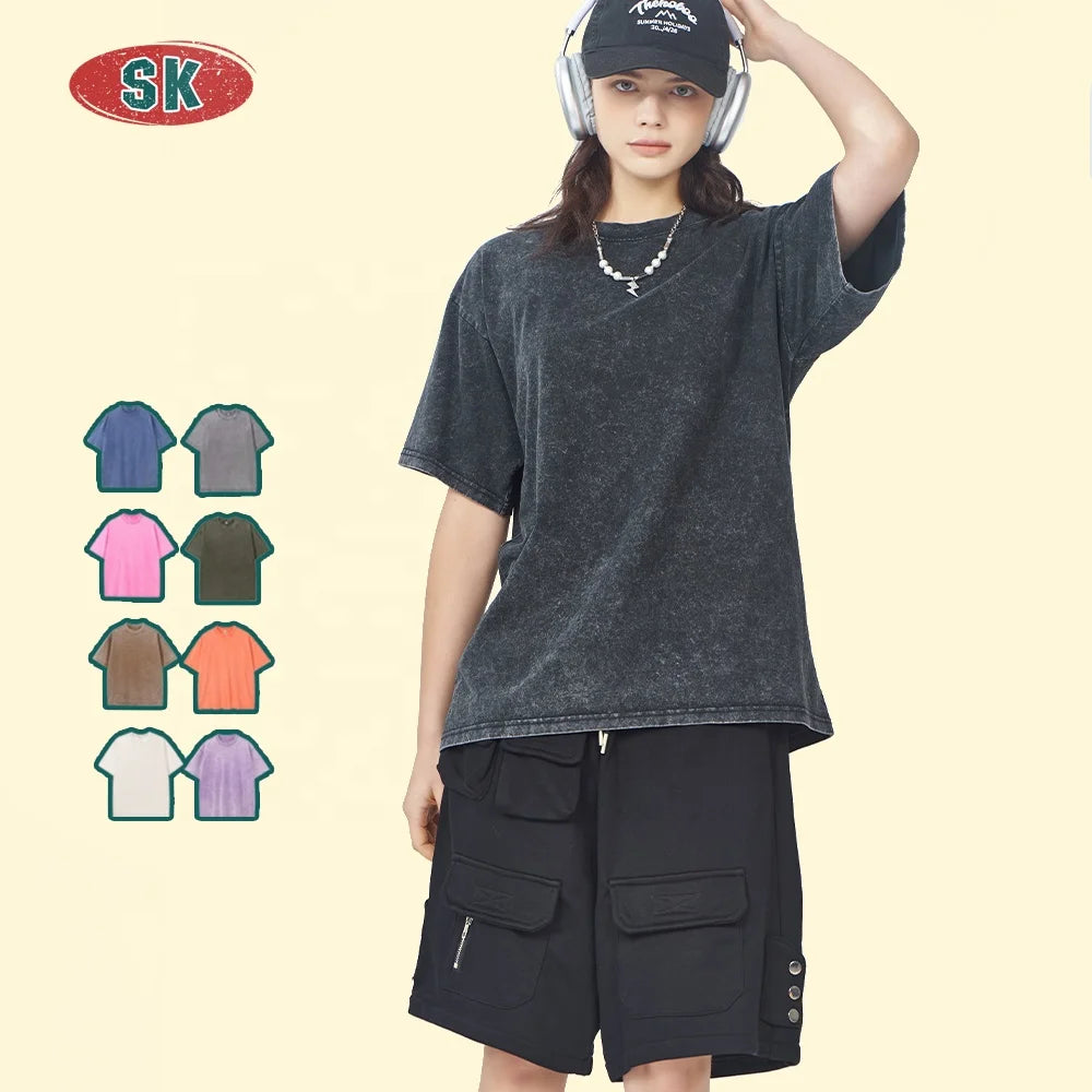 Custom Manufacturer Tee 100% Cotton Men Heavyweight Vintage T-shirt Distressed Embroidery Patches Acid Washed t Shirts