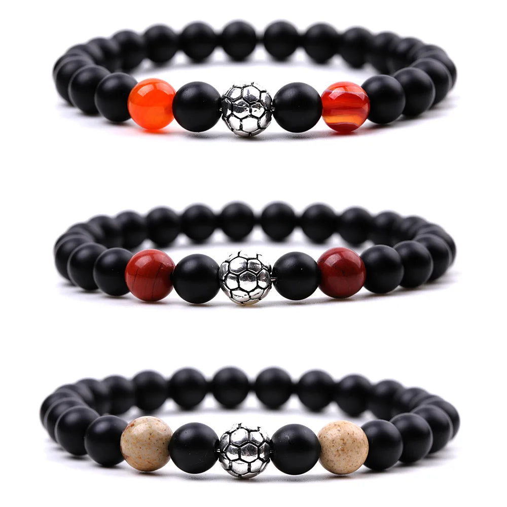 Wholesale Fashion Charm Jewelry Natural 8mm Black Matte Tiger Eye Stone Beaded Soccer Football Bracelet for Men MegaBDM