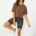 Custom Your Brand Logo Boxy Flowy Short-sleeve Cotton Tee Crew Neck Cropped Above the Waist Mini Side Slits Sports Gym T Shirt