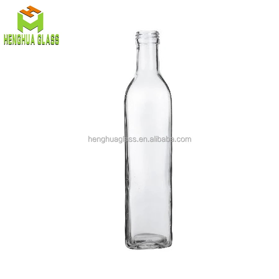 Cheap 250ml 25cl Clear Square Marasca  Flint Glass Olive Oil Bottle Liquid Container Glass Bottle With Black Plastic Pouring Cap