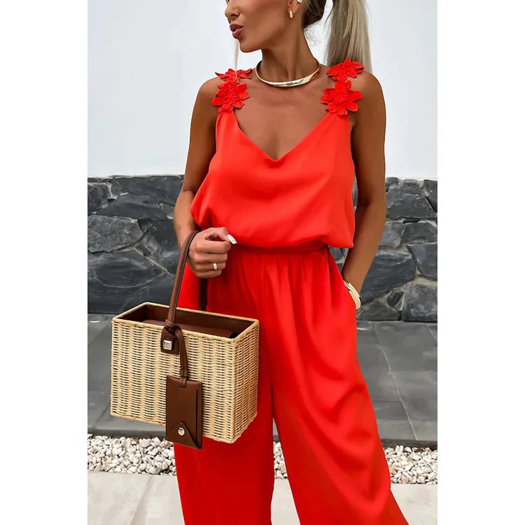 New Halter Sleeveless Pocket Jumpsuit Casual Loose Women Jumpsuit Solid Color Floral Jumpsuit