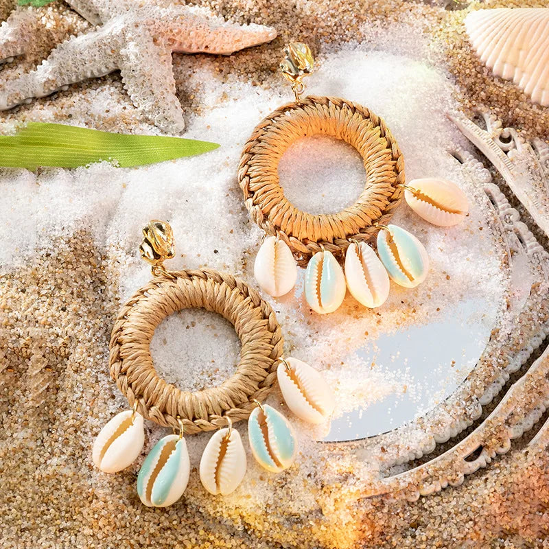 Pendientes De Concha Boho Beach Shell Crochet Earrings Large Circle Shell Tassel Dangle Drop Coconut Shell Earrings