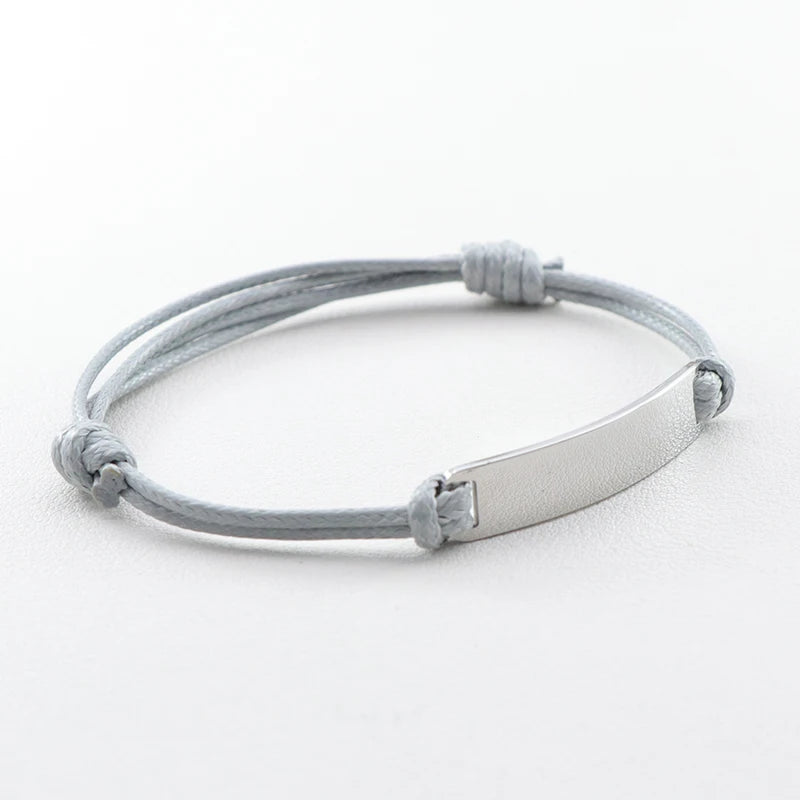 Custom Personalized Engraved Statement logo Words Gold bar Plated Braided Gray String Slider Rope Bracelet for Men Women