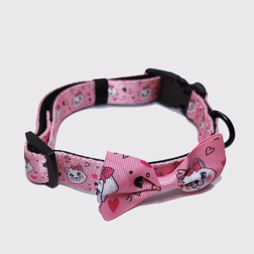Custom Designer Logo Cute Pink Soft Durable Polyester & Nylon Print Bowknot Dog Cat Collar with Bow Tie Pet Accessories