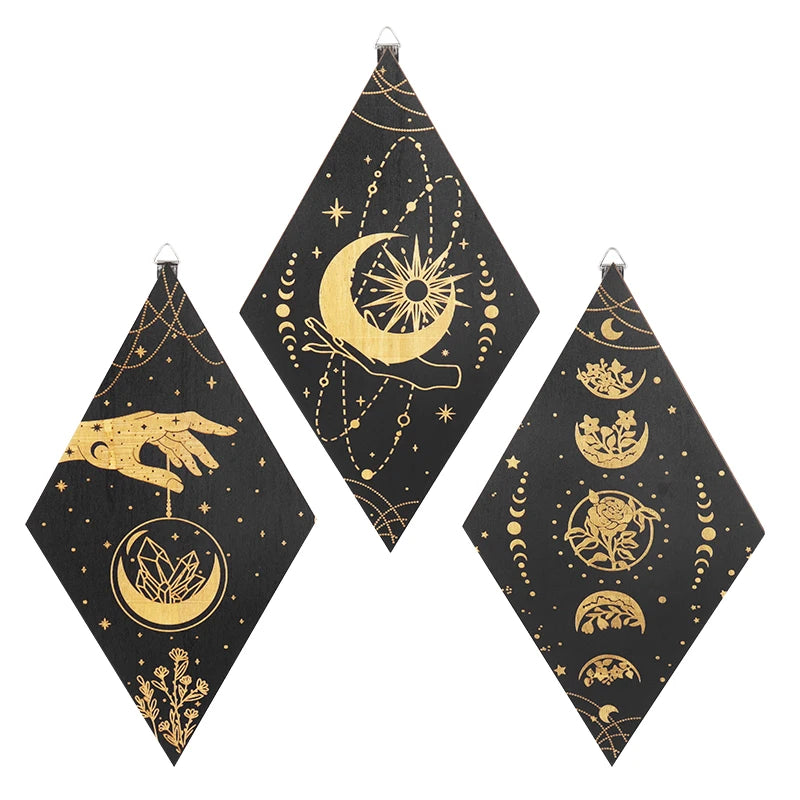 Tailai Black Gold Plywood Meditation Celestial Diamond Shaped Polished Wall Hanging Wooden Wall Decor