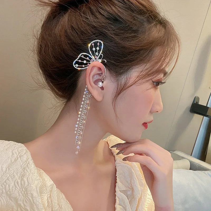 2023 New Trendy Ear Hook Pearl Butterfly Clip Earrings Ear Ring Hooks Long Butterfly Tassel Stud Earrings for Girls