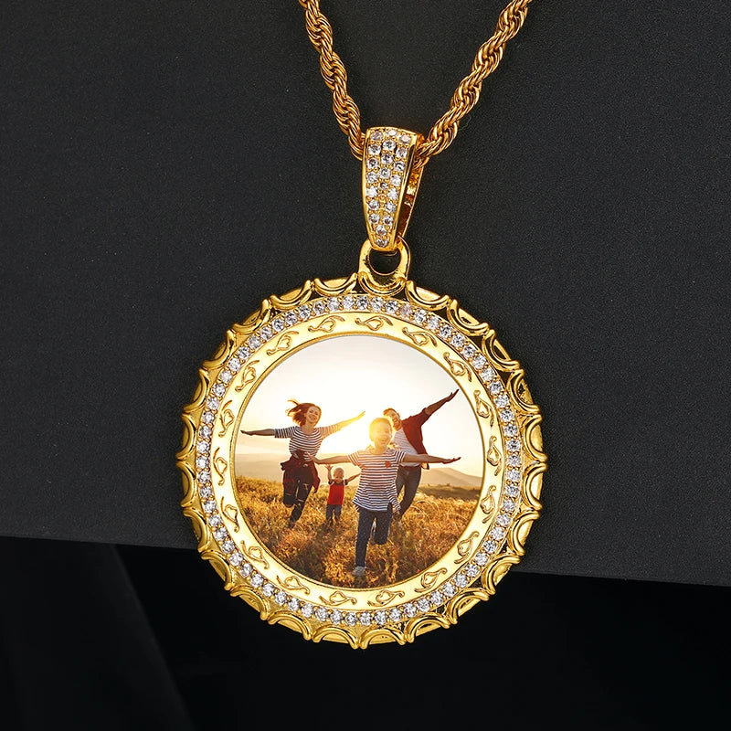 Drop Shipping Hip Hop Custom Pendant Personalized Round Picture Frame Memory Photo Pendant Necklace for Men