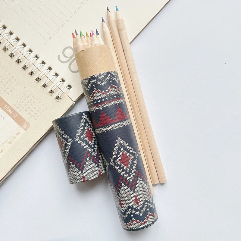 Exquisite Pattern Packaging Wooden Colorful Pencil Set 12 Color Children's Student Drawing Gift Graffiti Coloring