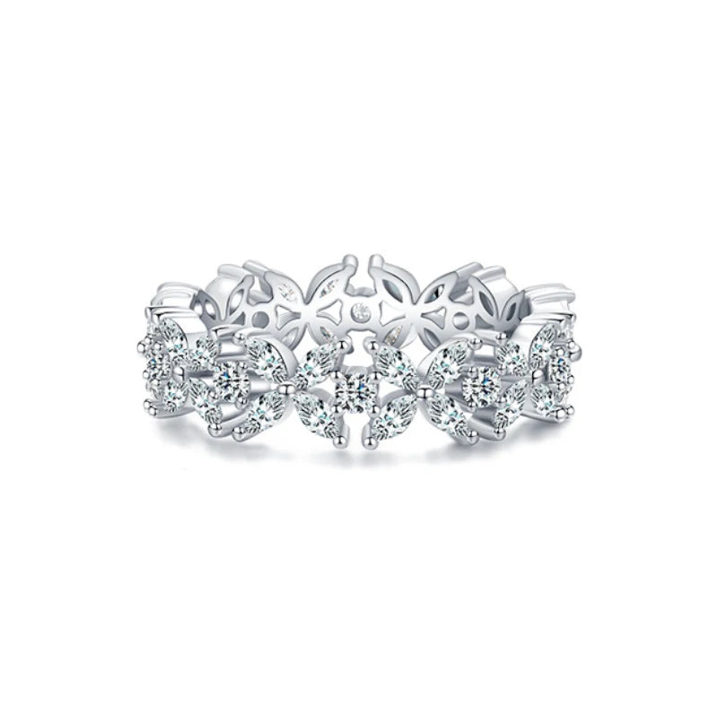Luxury 925 Sterling Silver Four Leaf Clover Ring Sparkling Simulated Diamond Zircon Stones Elegant Non-Adjustable Band for Women