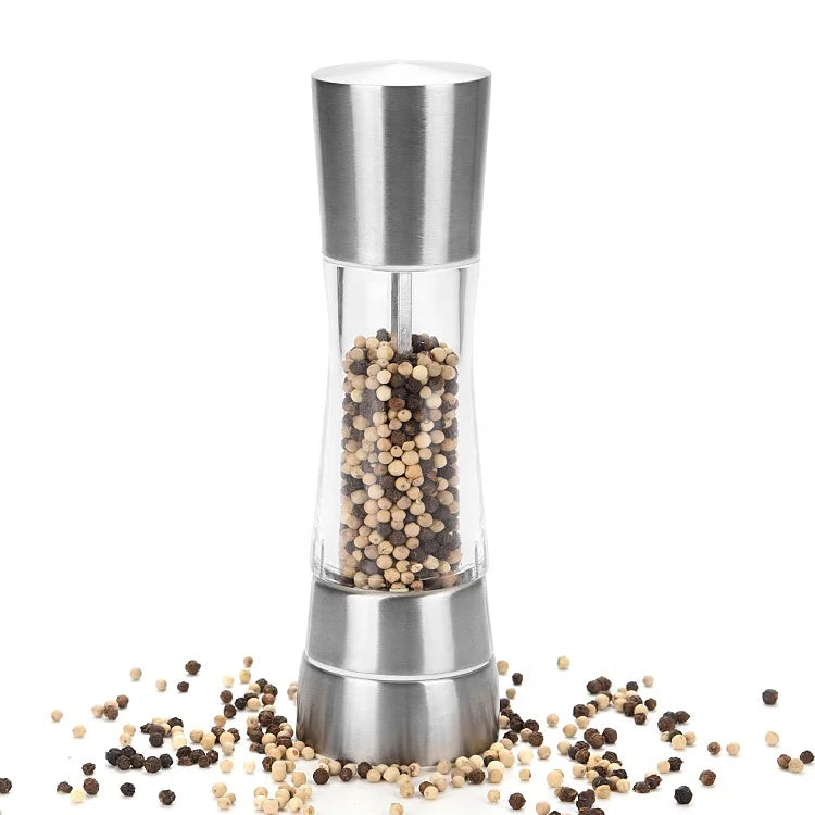 8-Inch Fashionable Stainless Steel and Acrylic Pepper Grinder with Ceramic Mechanism Home Kitchen Use Salt Pepper Spice Mill