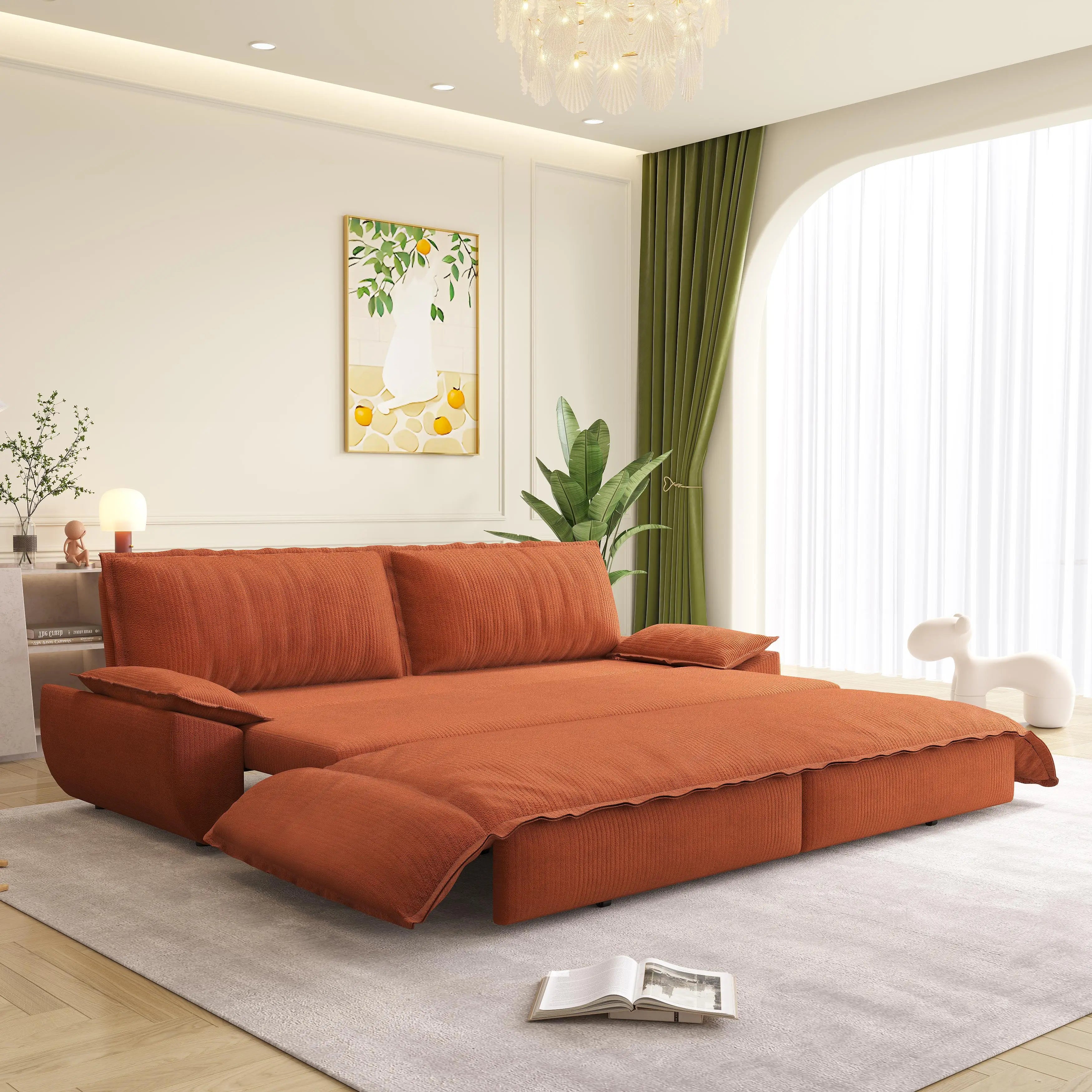73.2" Queen Pull Out Sofa Bed3-in-1 Convertible Sleeper SofaMulti-Functional Corduroy Loveseat BedOrange