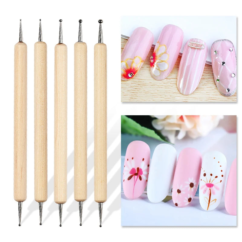 Nail 5pcs/set Wooden Dotting Pen Rhinestones Picker Nail Art Pen Embossing Pen 2 Ways Nail Art Tools Dotter
