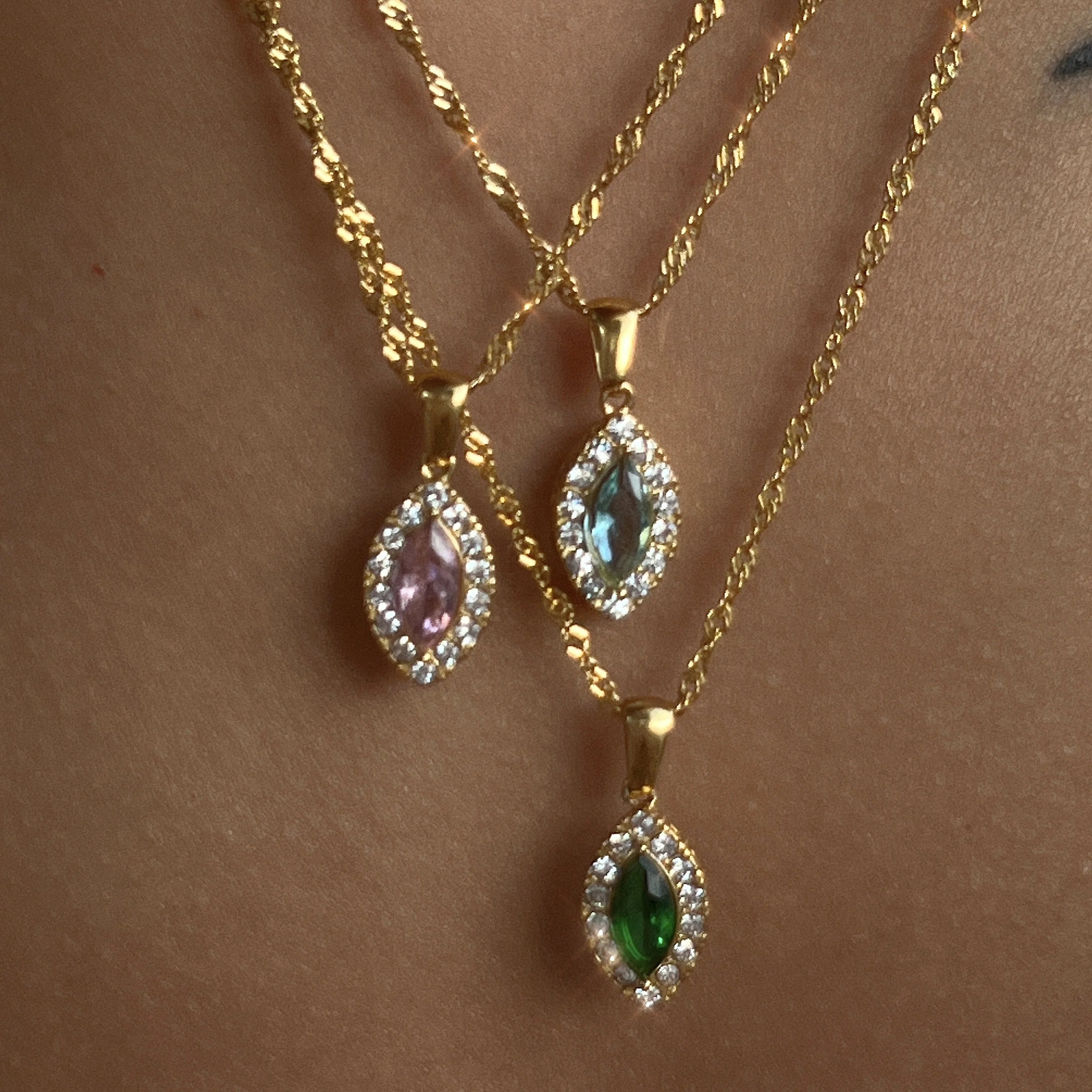 2022 Dazan New Ins 18k Gold Plated  Stainless Steel Tarnish Free Marquise Green Zircon Water Wave Chain Necklace for Women