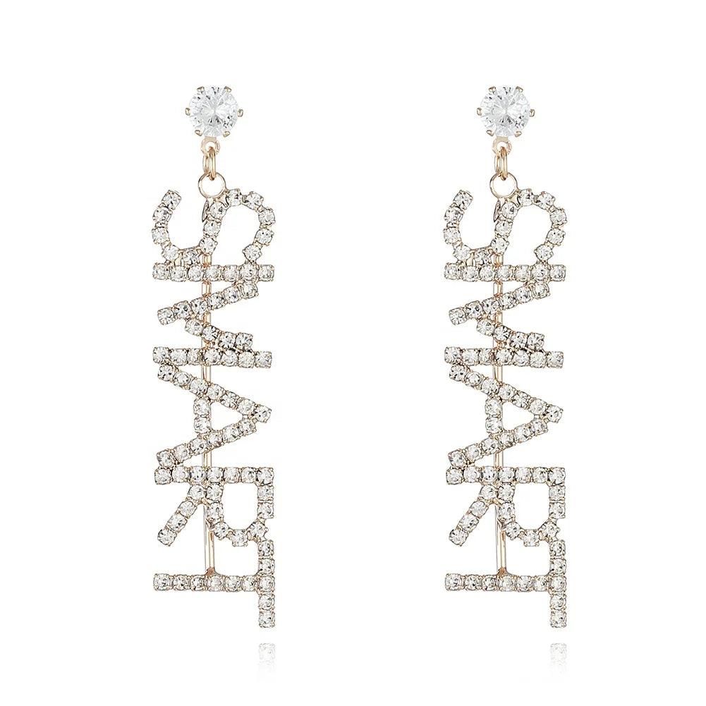 Classic Gold/Silver Plated Crystal Rhinestone Drop Earrings Women's Fashionable Brass Jewelry Slogan Inspired Letter Design