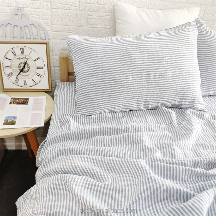 Stone Washed European Flax Linen Fabric Pretty Stripe 100% Linen Duvet Cover Mattress Cover Bed Sheet Set