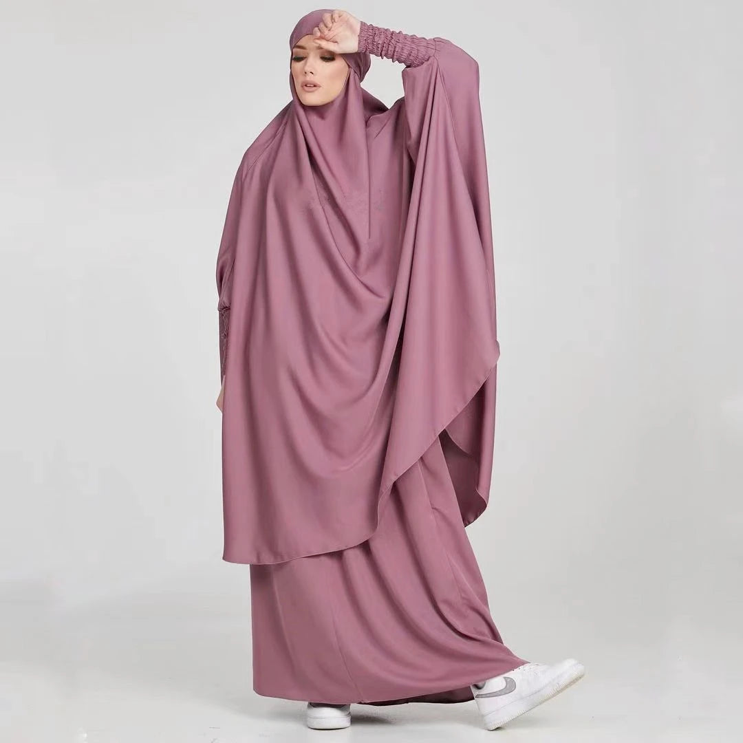 Popular Design Women Prayer Clothing Nida Elastic Long Sleeve Dress Muslim 2 Pc Set Islamic Clothing Abaya Dress With Hijab