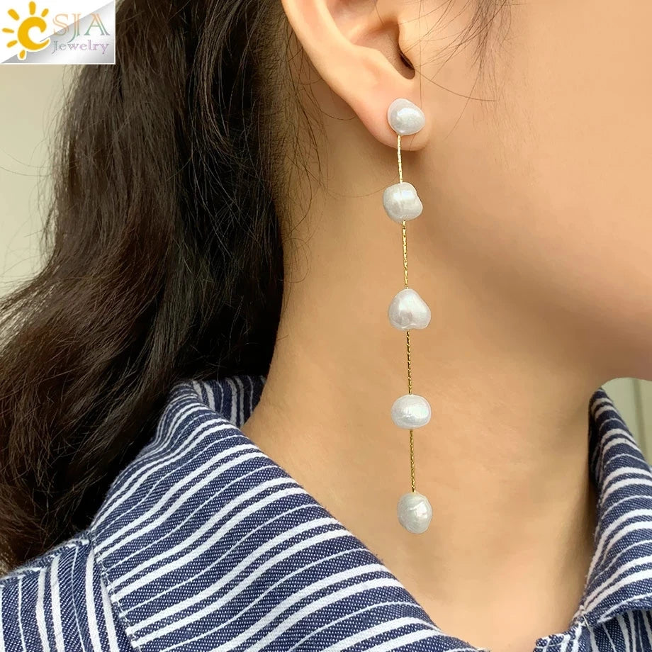 CSJA Natural Irregular Baroque Fresh Water Pearl Bead Stud Earring Korea Style Jewelry Dangle Long Drop Earring G555