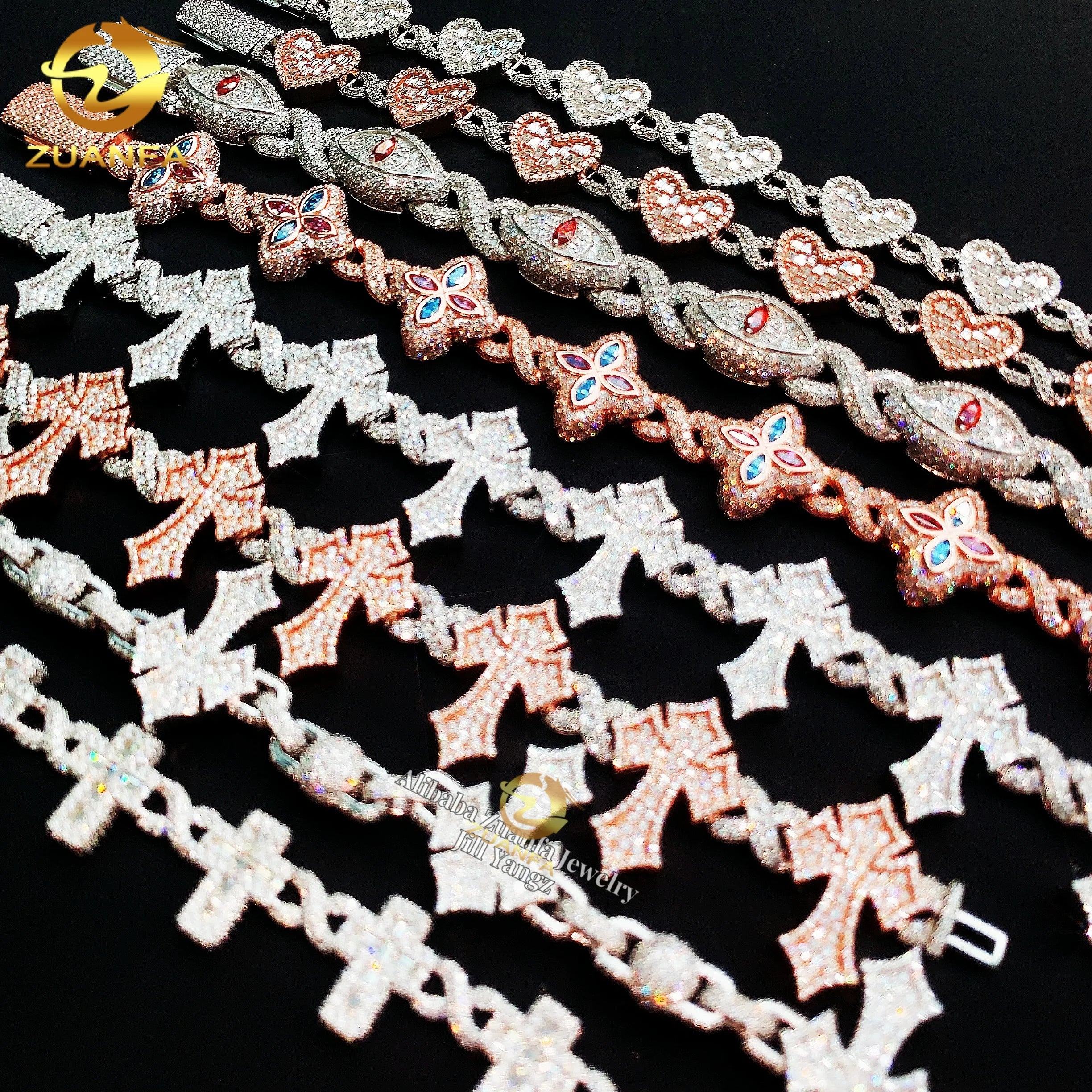 Ready Stocks Multiple Options Flower Cross Fancy Jewelry Infinity Cuban Link Chain Moissanite Cuban Link Bracelet Marquise Cut