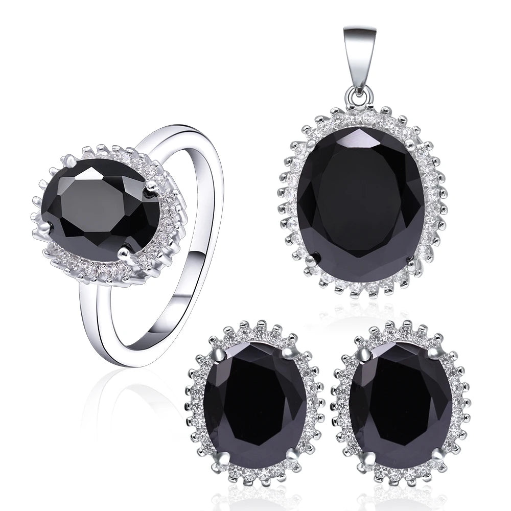 Classic Engagement 925 Sterling Silver Jewelry Sets Aaa Cubic Zirconia Rhodium Plating Gemstone Black Onyx Set Jewelry