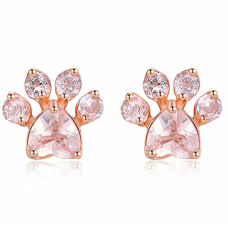 Huitan Creative Animals Paws Footprints Lovely Pink Gem Zircon Stud Earrings Women Fashion Cute Paw Rose Gold Earrings Girls