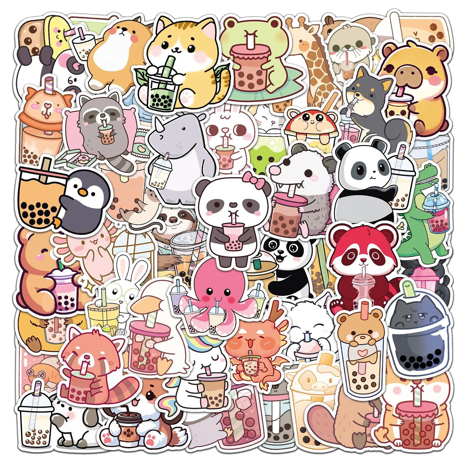 50Pcs New Cartoon Boba Animals Graffiti Stickers for Cup Bottle Decor Creative Bubble Milk Tea Sticker