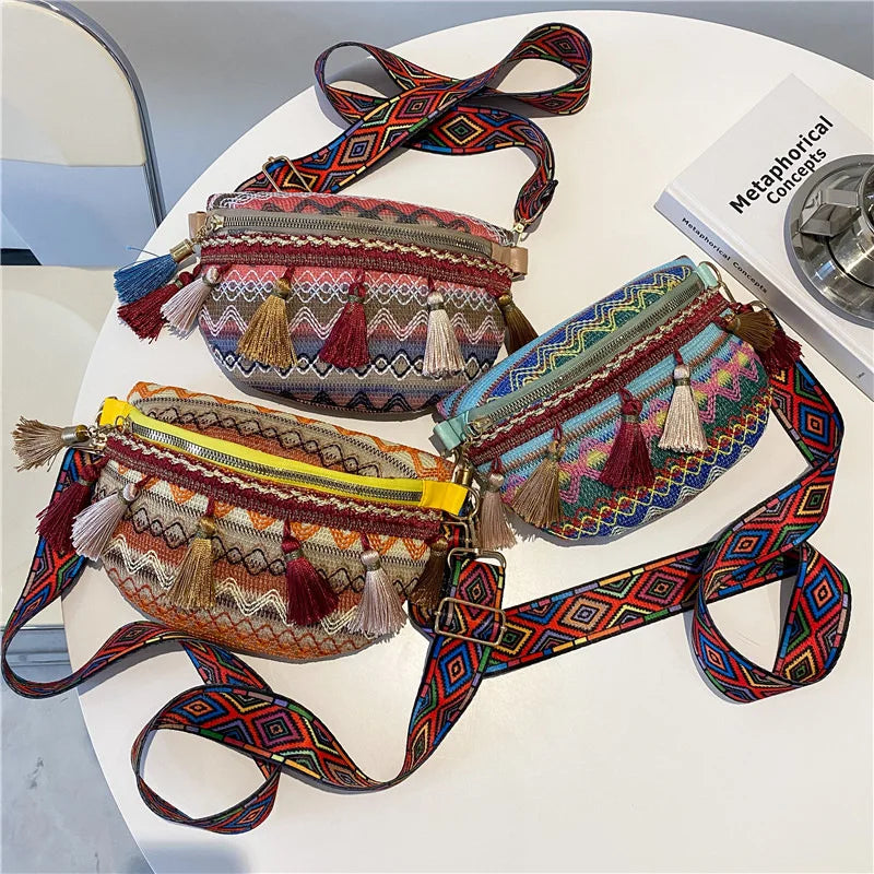 2024 New Japanese and Korean Tassel Woven Small Bag Simple and Versatile One-shoulder Messenger Bag Waist Bag