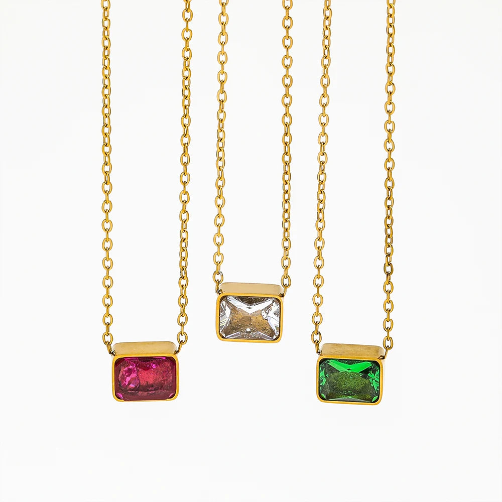 JOOLIM High-End 18K Gold Plated Stainless Steel Dainty Chain Rectangle Red Green Clear Zirconia Pendant Necklace Fashionable