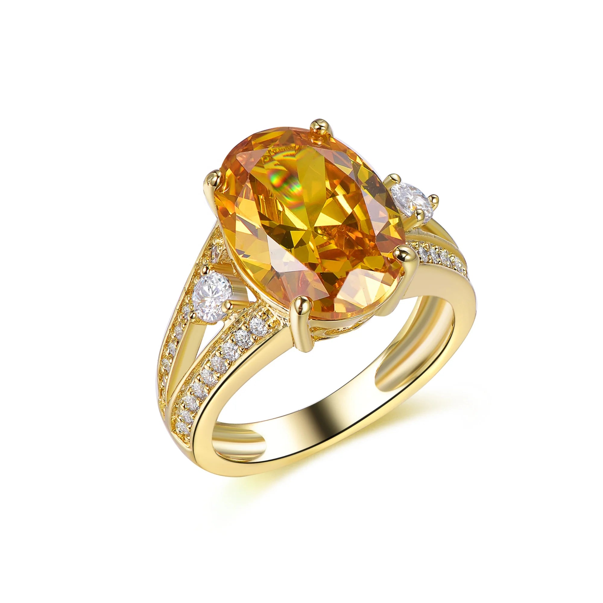 China Wholesale Classic American Brass-Plated Canary Diamond Ring for Women Oval Cut Prong Setting for Wedding and Party