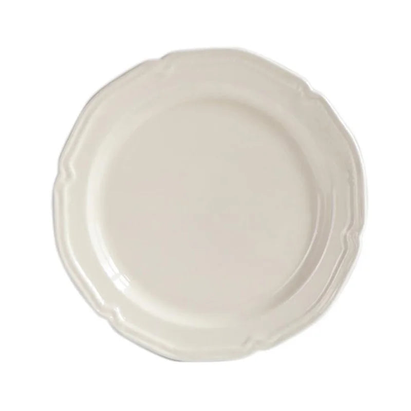 Solhui French Style Embossed Ceramic Plates White Dessert Cake Steak Plate and Bowl Tableware
