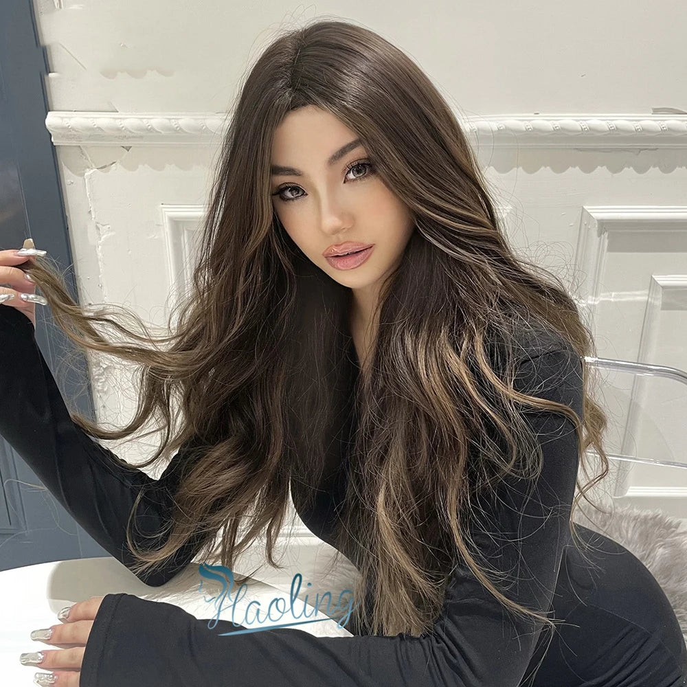 Fast Delivery Lace Synthetic Front Wigs Dark Brown Long Water Wave Lace Hair High Density swiss Lace Front Wig