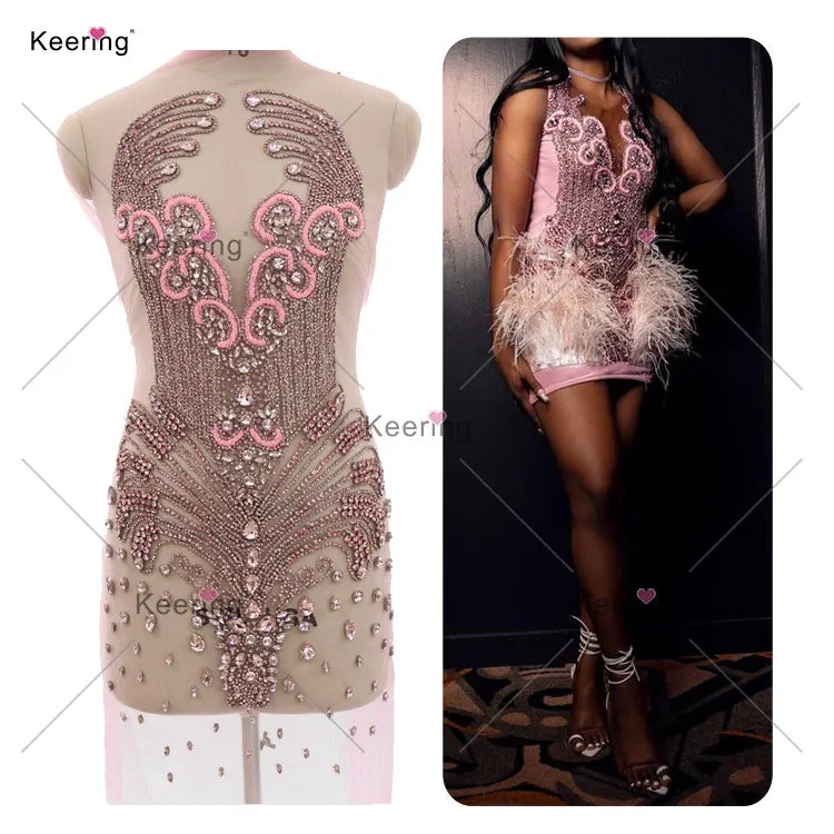 WDP-245 Latest Luxury Wedding Pink and Blue Beaded Body Crystal Skin Color Rhinestone Applique for Dresses Bridal