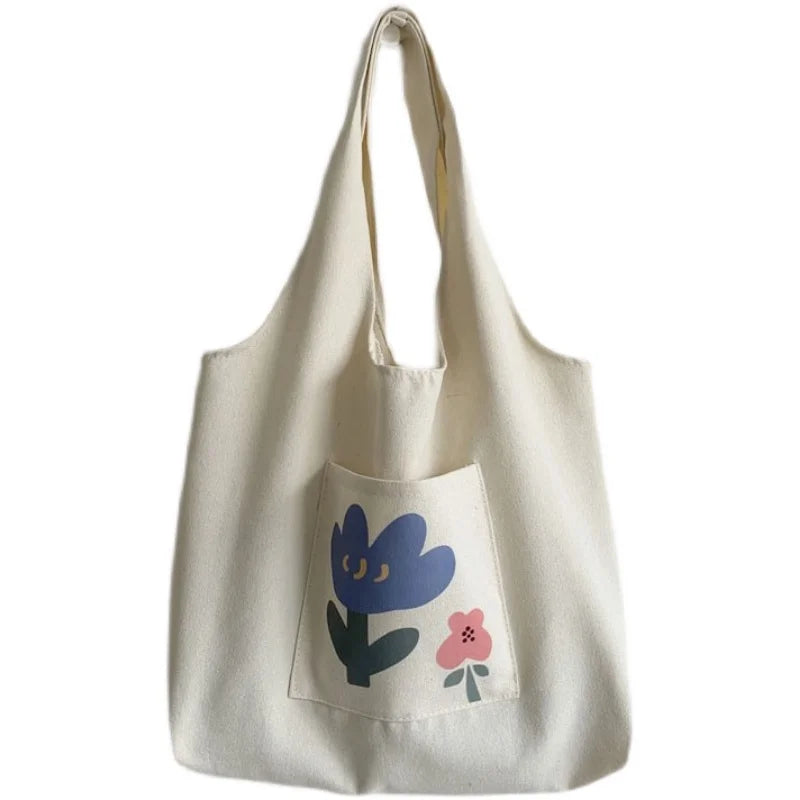 Custom Design Fashion Large Capacity Canvas Shoulder Women's Shopping Bag with Outside Pockets