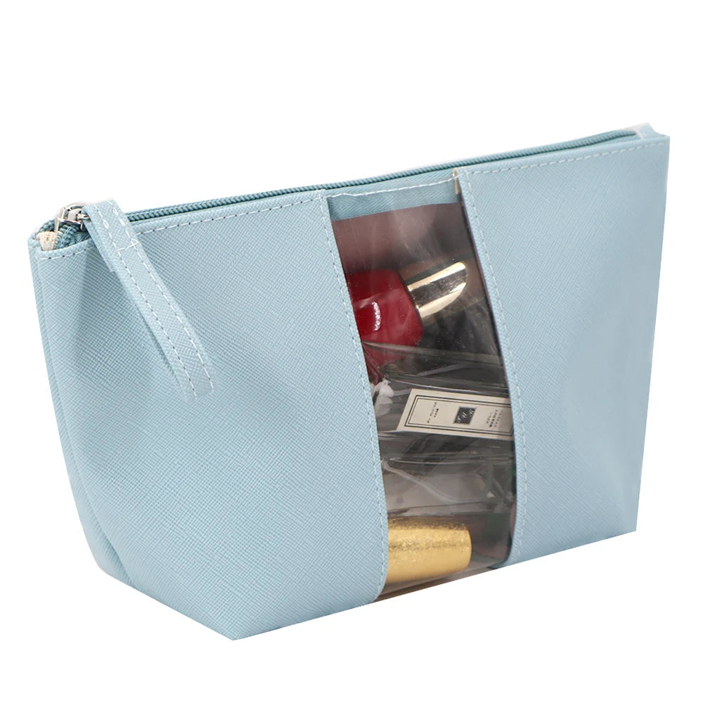 Eco Friendly Vegan Leather Toilet Bag Saffiano PU Makeup Cosmetic Bag with Clear Window Waterproof Fashion Toiletry Bags