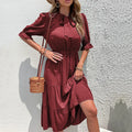 Summer New European and American Women's Wrinkle Bow Ribbon Solid Color Dress