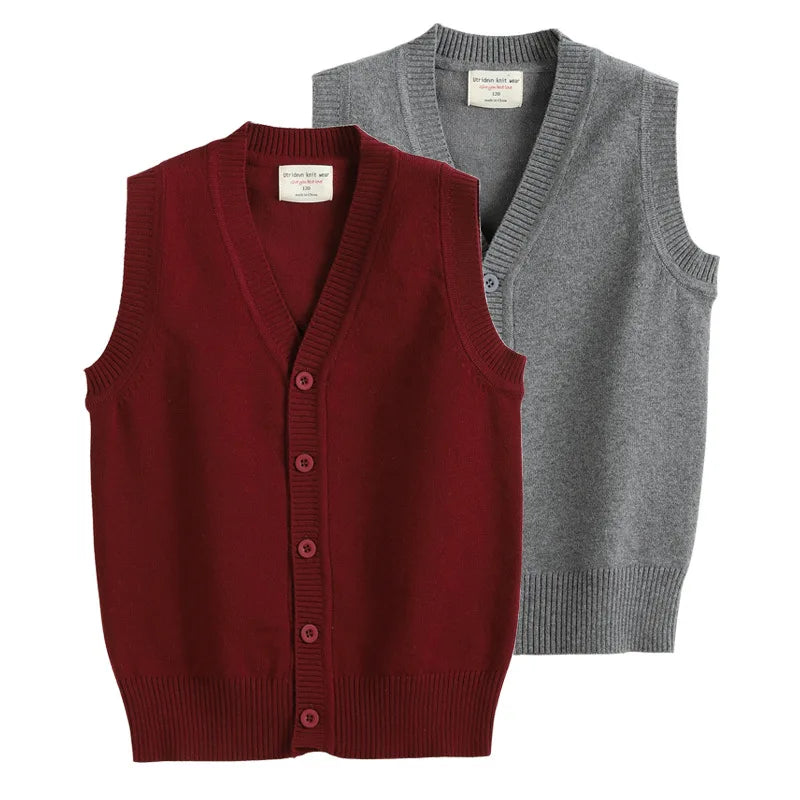 Cross-Border Korean Style Solid Color V-Neck Sleeveless Sweater Vest for Boys and Girls Knitted Cardigan