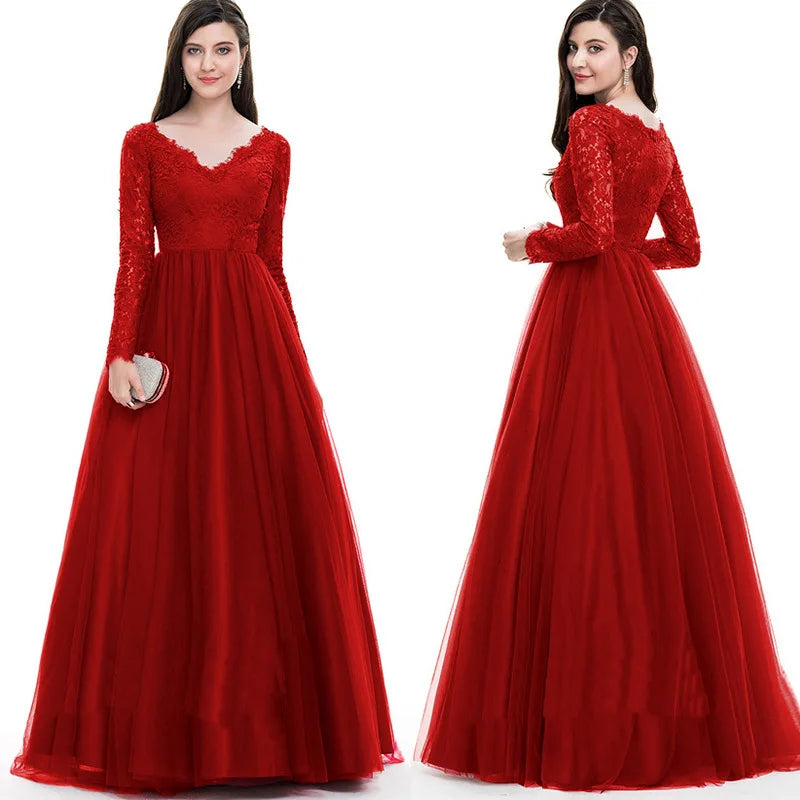 2023 New Design Modest Red Evening Dress Women Long Sleeve Party Dress