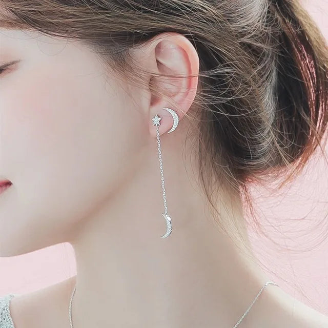 New Hot Fashion 925 Sterling Silver Crystal Star Moon Earrings for Women Girls Gift Fashion Statement Jewelry Korean Earrings
