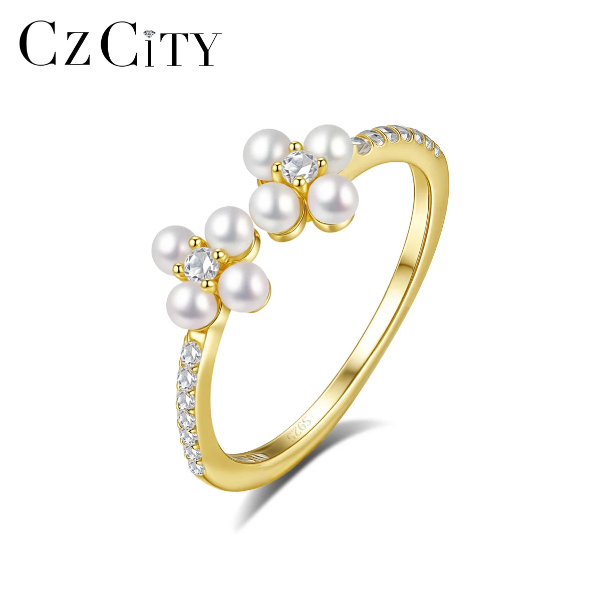 CZCITY Jewelry Adjustable Imitation Pearl Luxury Girl 925 Finger Flower Wholesale Sterling Silver Ring for Woman