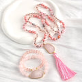 New Fashion Bohemian Ethnic Style Natural Stone Glass Moon Charm Knotted  Tassel Necklace 2pcs Stacked Bracelet Set