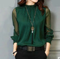 Spring Summer Vintage Elegant Women Chiffon Green Blouses Mesh Blouse Long Sleeve Elegant Shirt Fashion Female Tops
