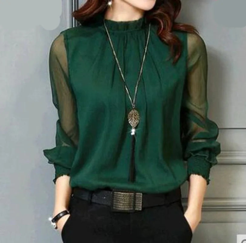 Spring Summer Vintage Elegant Women Chiffon Green Blouses Mesh Blouse Long Sleeve Elegant Shirt Fashion Female Tops