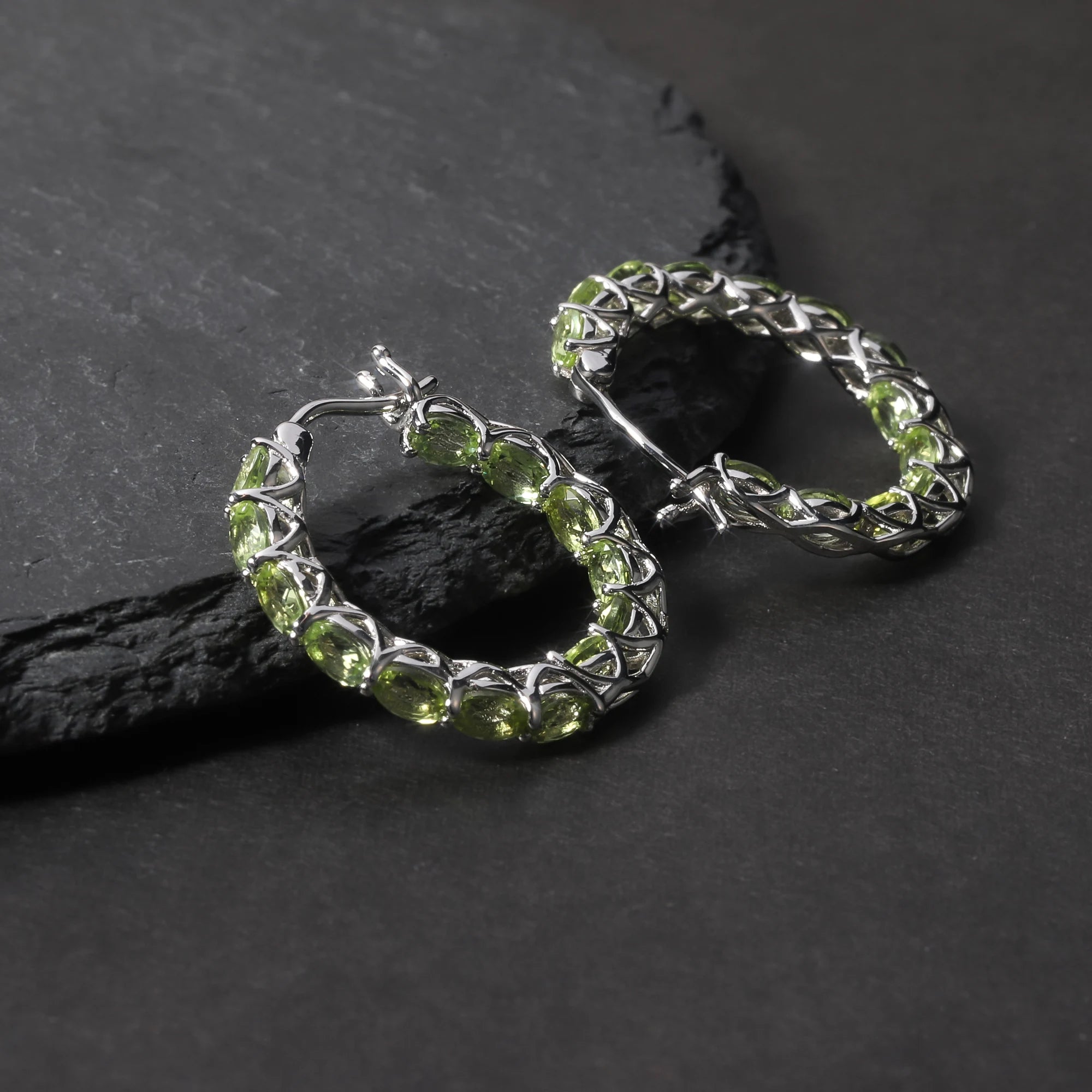 RZ0010 Abiding Jewelry Unique Designs Hoops 925 Sterling Silver Natural Peridot Inside Outside Hoop Earring