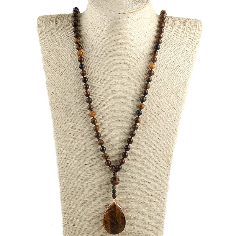 Fashion Jewelry  8mm Picture Jasper Tiger Eye Natural Stone Necklace Drop Grid Pendant Necklace