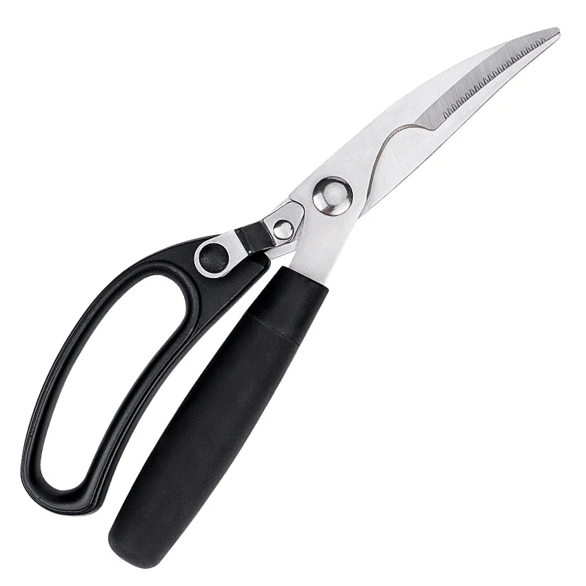 Multi-Purpose Stainless Steel Serrated Edge Black Kitchen Utensil Durable Chicken Bone Scissors Comfortable Plastic Handle