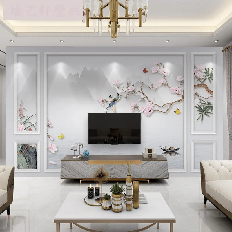 18D New Chinese Style TV Background Wallpaper Waterproof Anti-Static Flower Bird Mural for Bedroom Living Room Wall Cloth Film