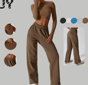 Joyyoung Wholesale Custom Women Ribbed Causal Sportswear Yoga Set Solid Color Jogger Workout Training Sweatshirt Set Sweat Suits