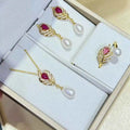 New Value Red Treasure Feather Gold Plated Freshwater Pearl 6-8mm Water Drop Necklace Earrings Ring Set for Women Engagement